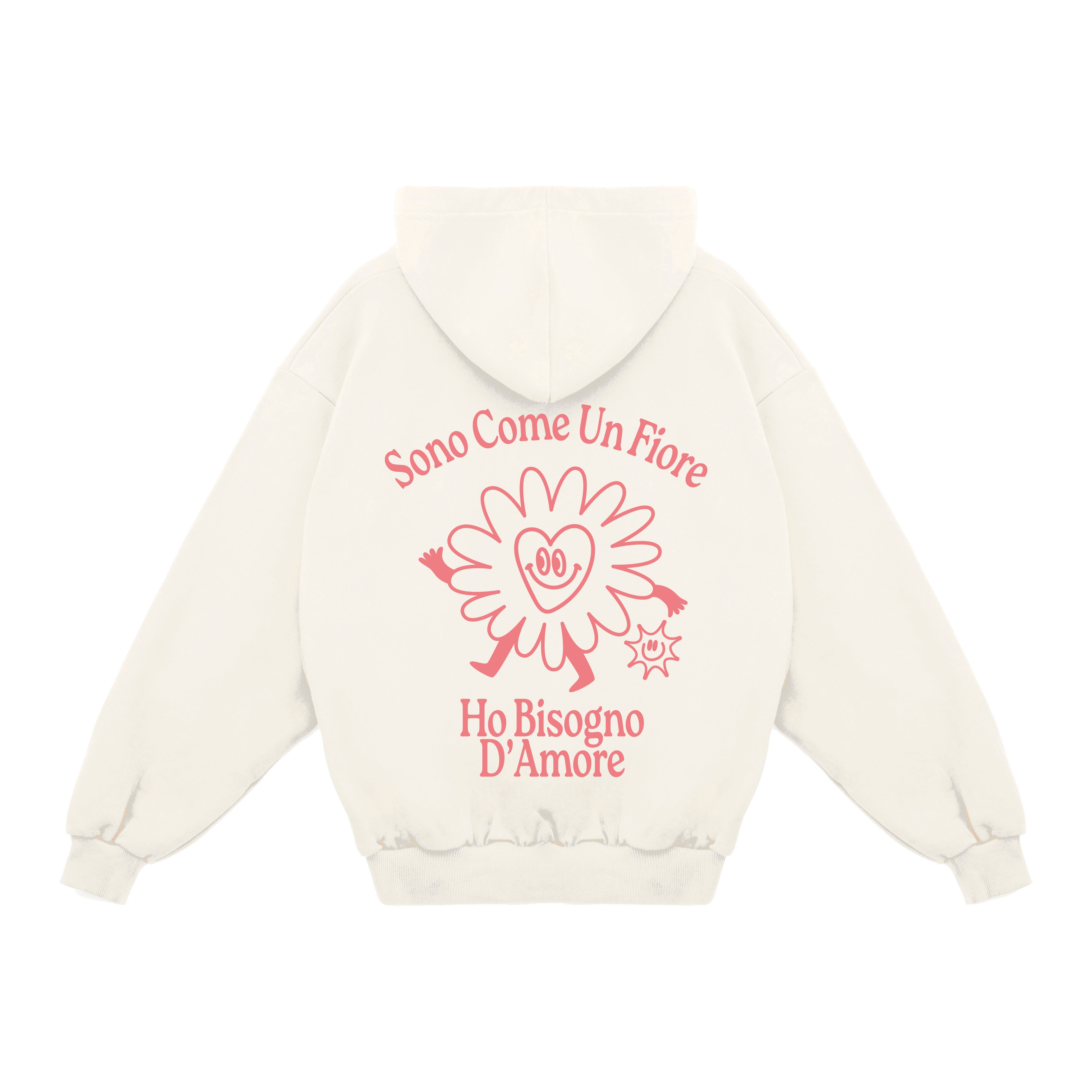 Felpa con cappuccio color panna con stampa rosa sono come un fiore di pescheria mon amour